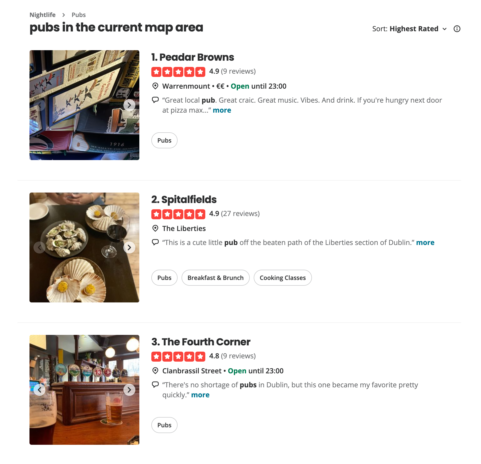 A screenshot of Yelp search sorted by "highest rated". The top results consist of places with only a handful of all-positive reviews.